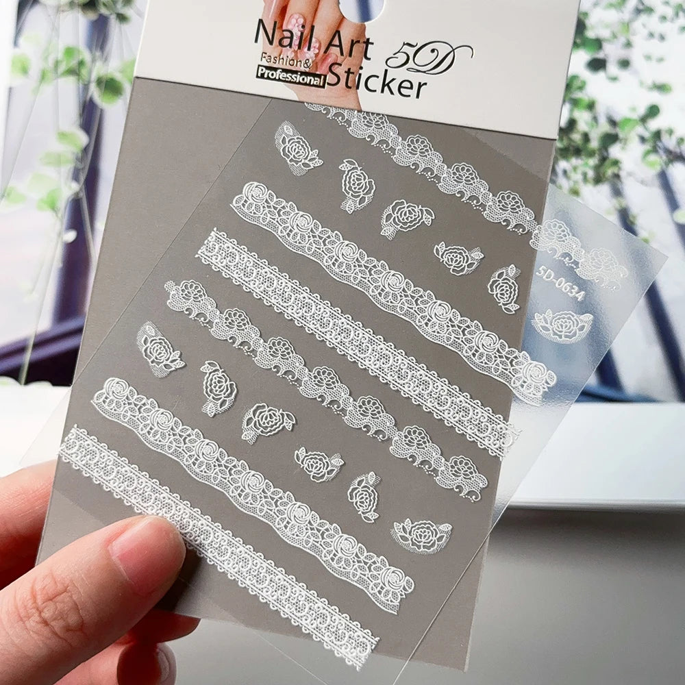 5D Relief Weiße Spitze Nagel Aufkleber Elegante Hohle Spitze Französisch Nagel Aufkleber Selbstklebende Hochzeit Spitze DIY Maniküre Liefert $ # TY3
