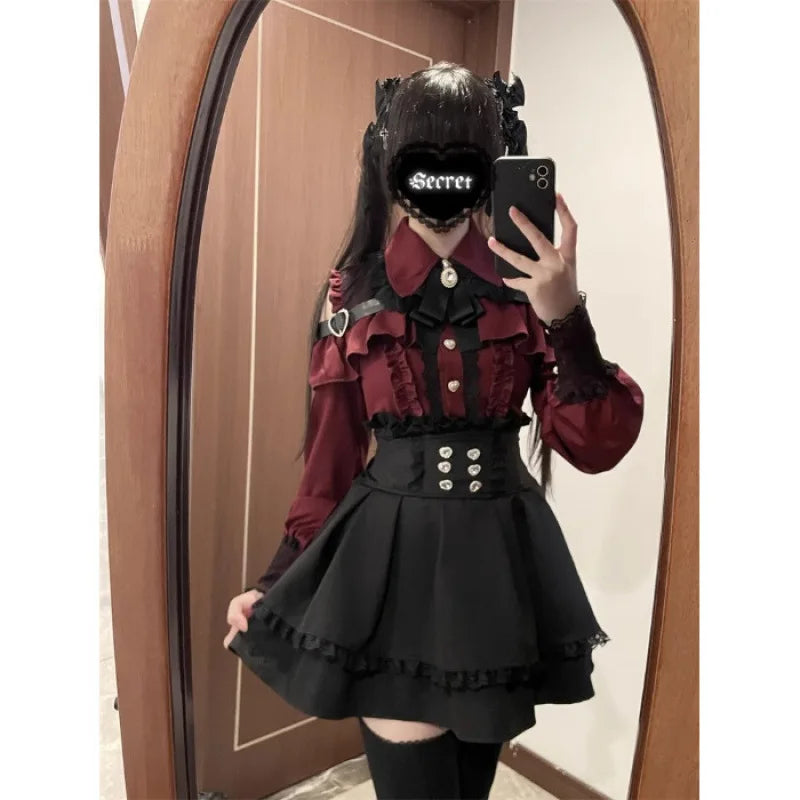Damen-Lolita-Set, dunkles Femme-Mesh-Oberteil und Taillenrock, 2025, japanischer Herbst-Street-Style-Koord für Gothic-Baddie-Mode