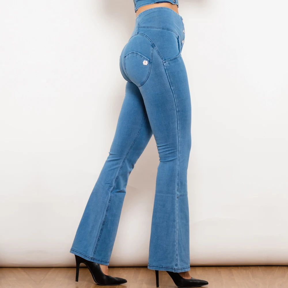 Shascullfites Melody Hellblaue, ausgestellte Lift-Jeggings, Button-Up-Jeans, formende Jeans für Damen, hohe Taille, Flare-Jeans