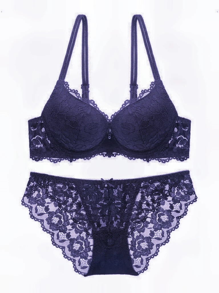 Sexy Spitzen-Blumen-Damenunterwäsche-Set mit Doppelträgern, Push-Up BH und Transparenten Sexy Slips