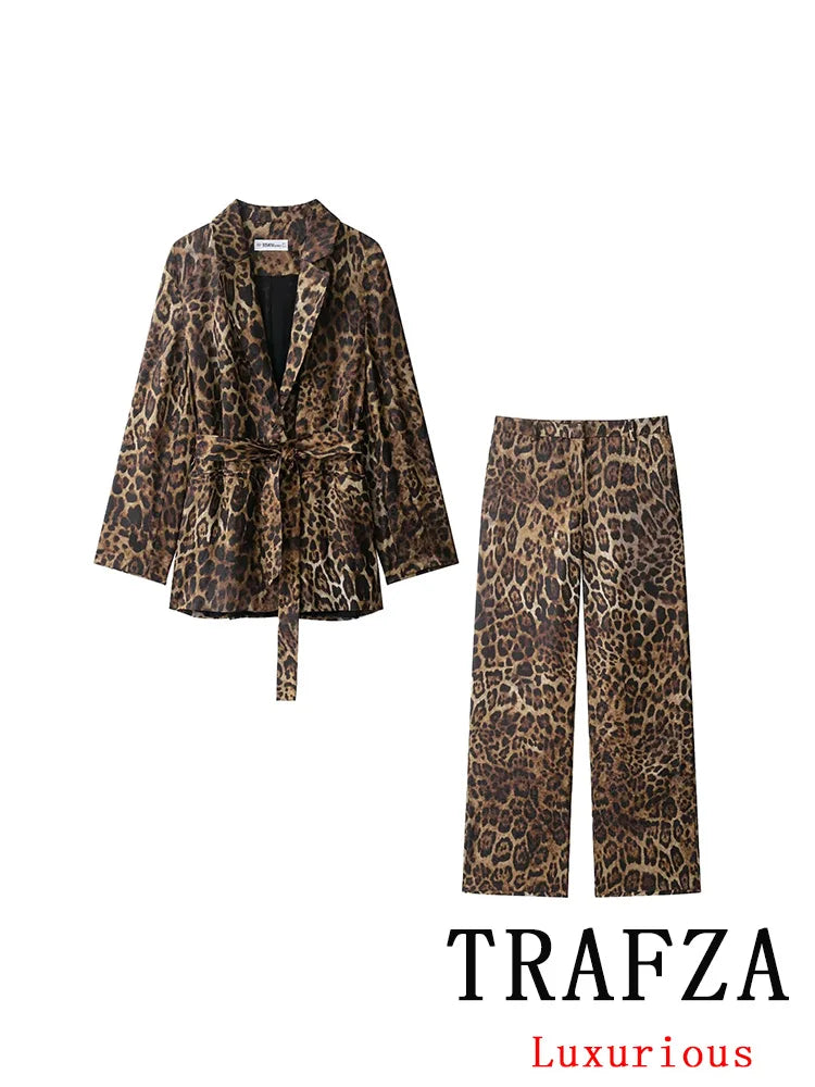 KONDALA Vintage Leopardenmuster Damenanzüge V-Ausschnitt Schärpen Langarm Übergroßer Blazer + Hose mit weitem Bein Mode 2025, Herbstanzüge