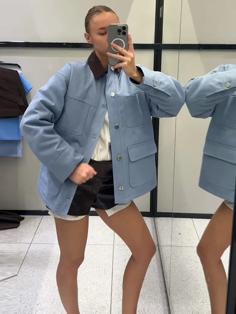 Lässige Blaue Jacke mit Mehreren Aufgesetzten Taschen für Damen, Cordkragen, Einreihiger Mantel, Schicker Street-Style, Frühlingsjacke
