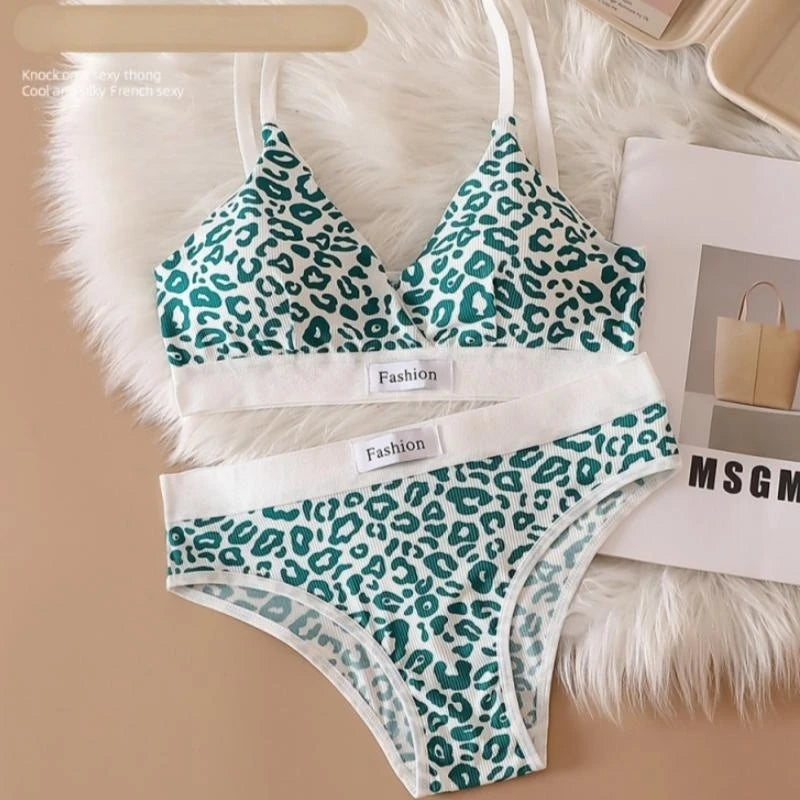 Frauen V-ausschnitt Bh Und Höschen Set Niedrige Taille Höschen Weibliche Sexy Dessous Set Leopard Print Baumwolle Bh Sport Unterwäsche Set