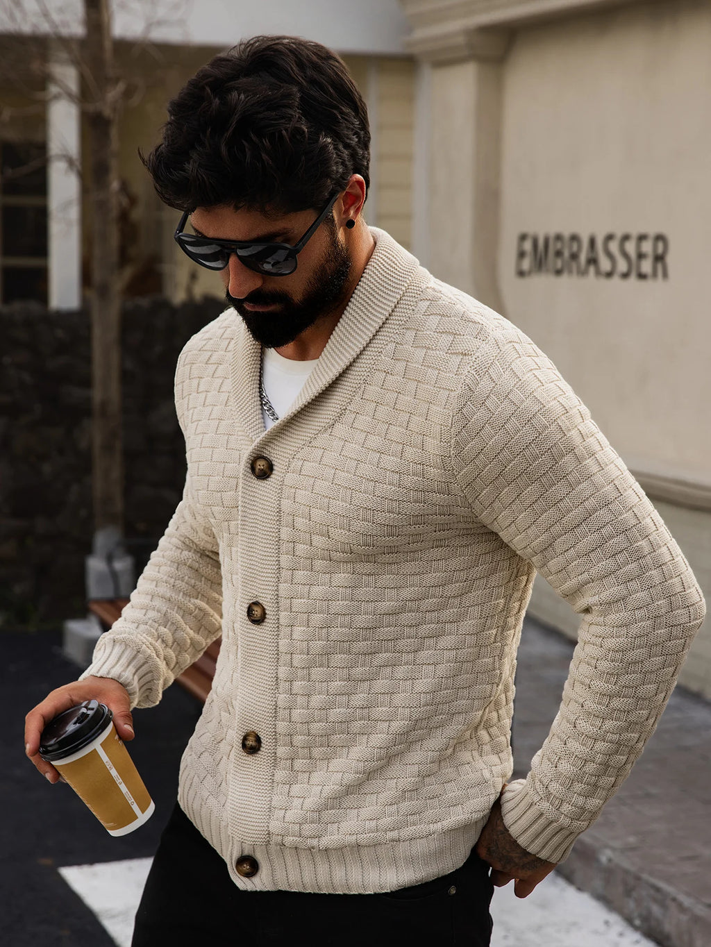 Herren-Strickjacke für Herbst und Winter, warm gestrickt, vorne offen, langärmelig, V-Ausschnitt, Pullover in einfarbiger Farbe für Herren