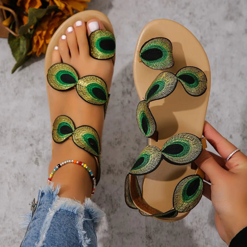 Feenhaar-Sandalen mit flachem Goldfaden und Pfauenaugenhaar, Damenschuhe, neuer Sommer mit Rock, Urlaubspullover, Strandschuhe