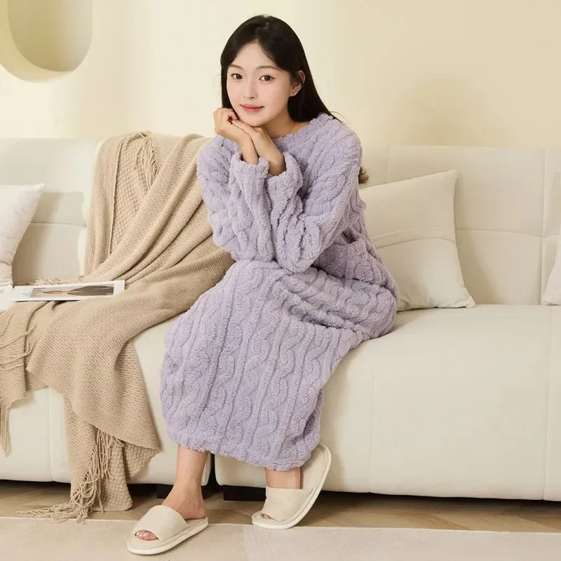 Frauen Korallen Fleece Nachtwäsche Herbst Winter Verdickt Warme Lose Lange Robe Pyjamas Homewear Casual Oberbekleidung Nachthemd