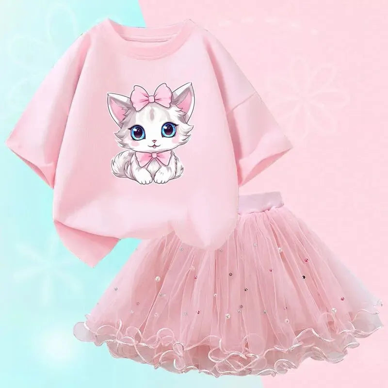 Nette Sommer Mädchen Outfits Cartoon Katze T-shirt und Tutu Rock 2 teil/satz Mädchen Prinzessin Kleidung Anzug Kinder Geburtstag Kleidung