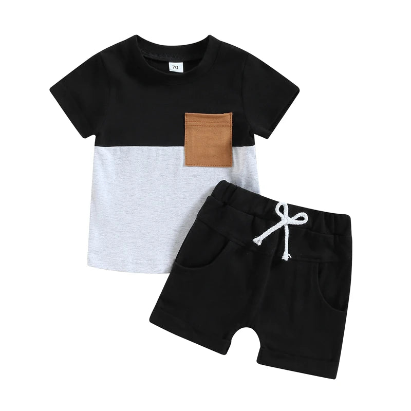 Kleinkind Kleinkind Baby Jungen Sommer Kleidung Sets Kurzarm Kontrast Farbe Tops + Einfarbig Kordelzug Shorts 2 stücke Outfit
