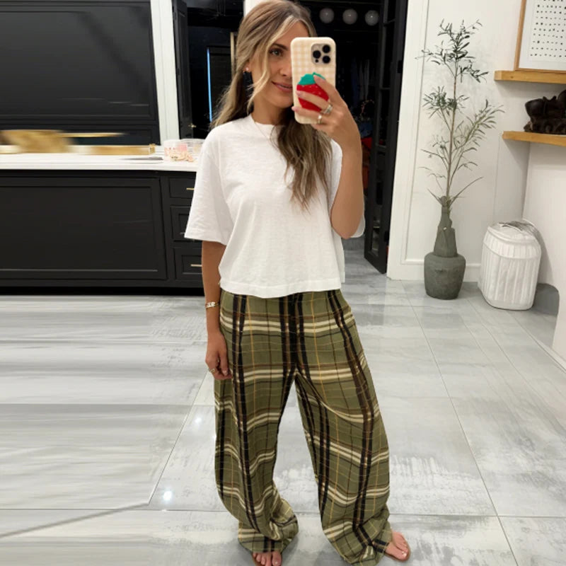 HXAO Karierte Baggy-Hose für Damen, Herbst 2022, Damenmode, Übergröße, hohe Taille, elegante Hose mit weitem Bein, Streetwear-Hose
