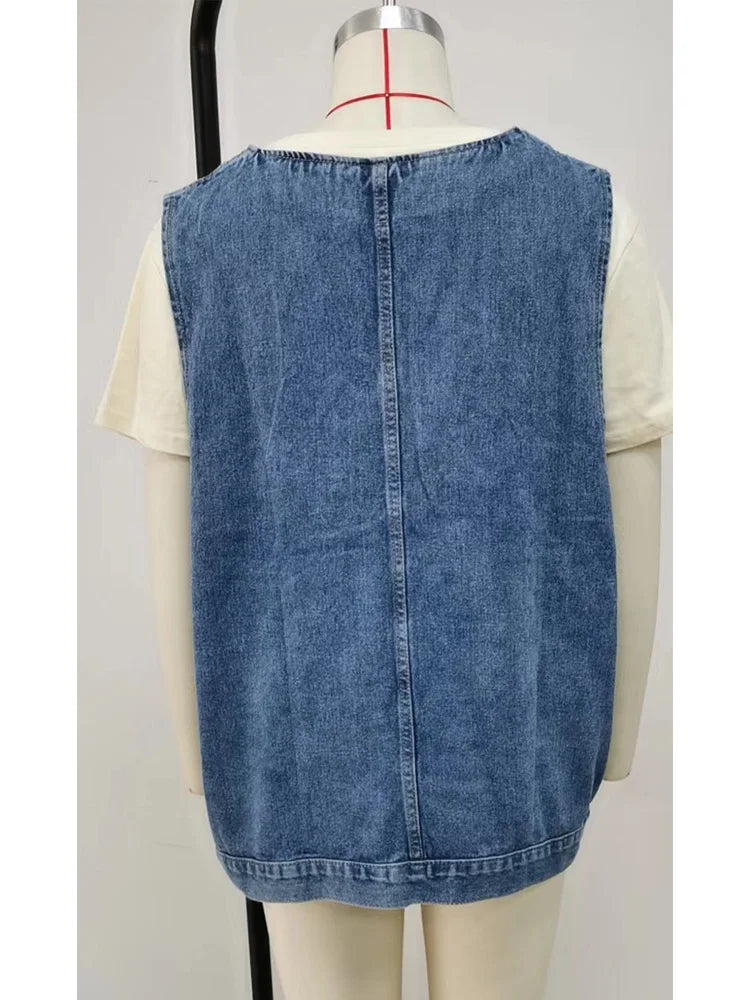 Benuynffy Vintage Große V-ausschnitt Denim Weste Frauen Frühling Sommer Gewaschen Casual Taschen Ärmellose Jeans Jacken Weibliche Lose Outwear