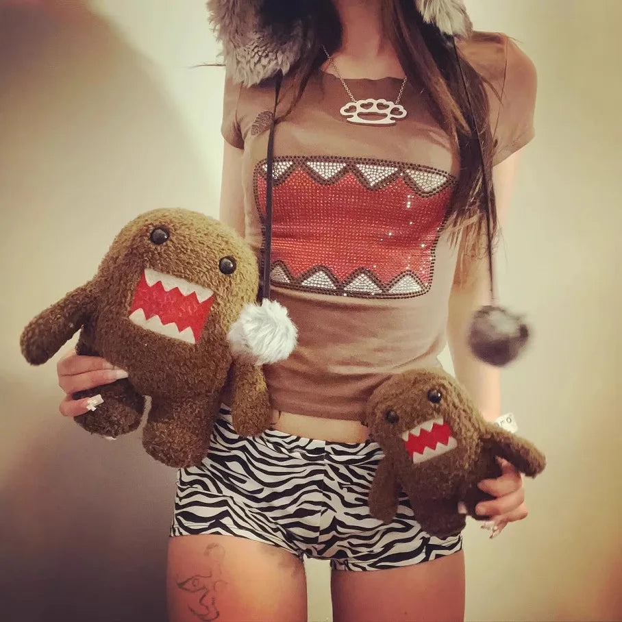 Casual Streetwear Kawaii Domo Kun Strass Cartoon 2000er Qualität Rundhals Kurze Ärmel Einfache Tägliche Routine Fit T Shirt Top