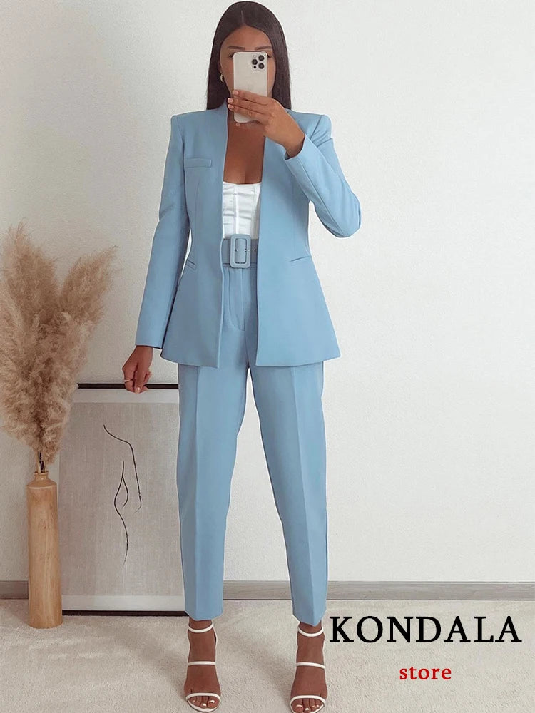 KONDALA Büro Dame Hellblau Blazer Anzüge Frauen 2 Stück V-ausschnitt Lose Jacken + Hohe Taille Schärpen Hosen Mode 2023 herbst Sets