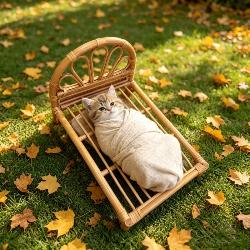 Natürliches Rattan-Katzenbettgestell, handgewebtes Katzen-Fotografie-Requisit, Weiden-Haustierbett für Hauskatzen, Mini-Fotoshooting-Bett für Kätzchen