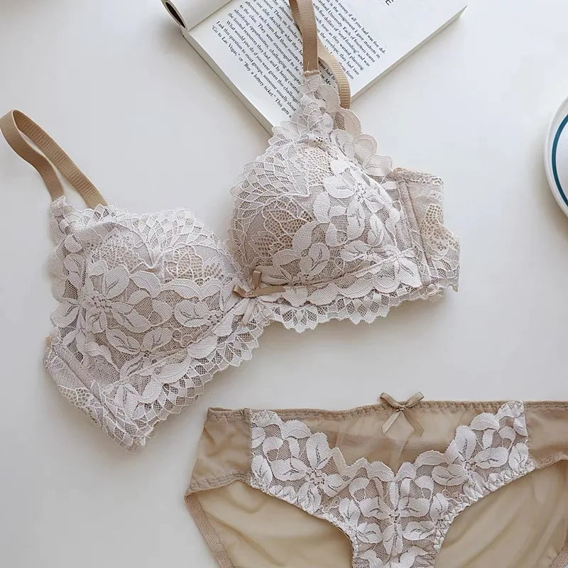 Spitzen-BH-Set im japanischen Stil für Damen, kleine Büste, Push-Up-Lift, verstellbar, Anti-Durchhängen, seitliche Unterstützung, kein Lücke, kabellos, luxuriöser Komfort AB