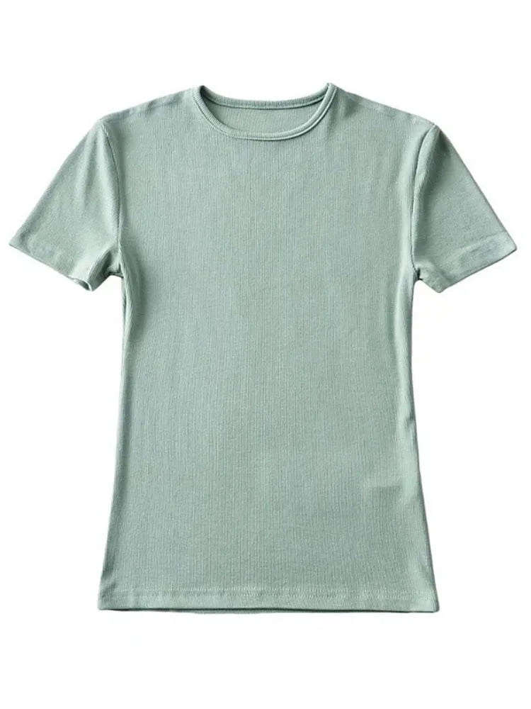 Casual Sommer Frau Skinny Fit T-shirt Enge Kurzhülse O-ansatz T Grundlegende Solide Crop Tops T Shirt