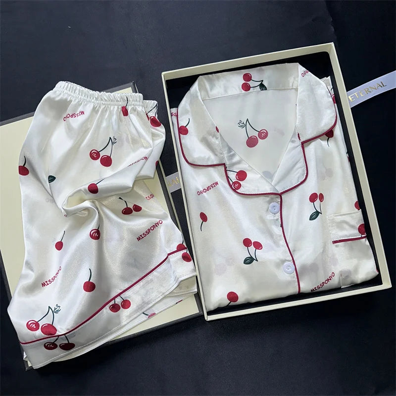 Zweiteiliges Pyjama-Set mit Kirschdruck, Sommer-Pyjama mit künstlichem Fleck, modische Heimkleidung, lässige Damen-Shorts und Top-Set, Pyjama