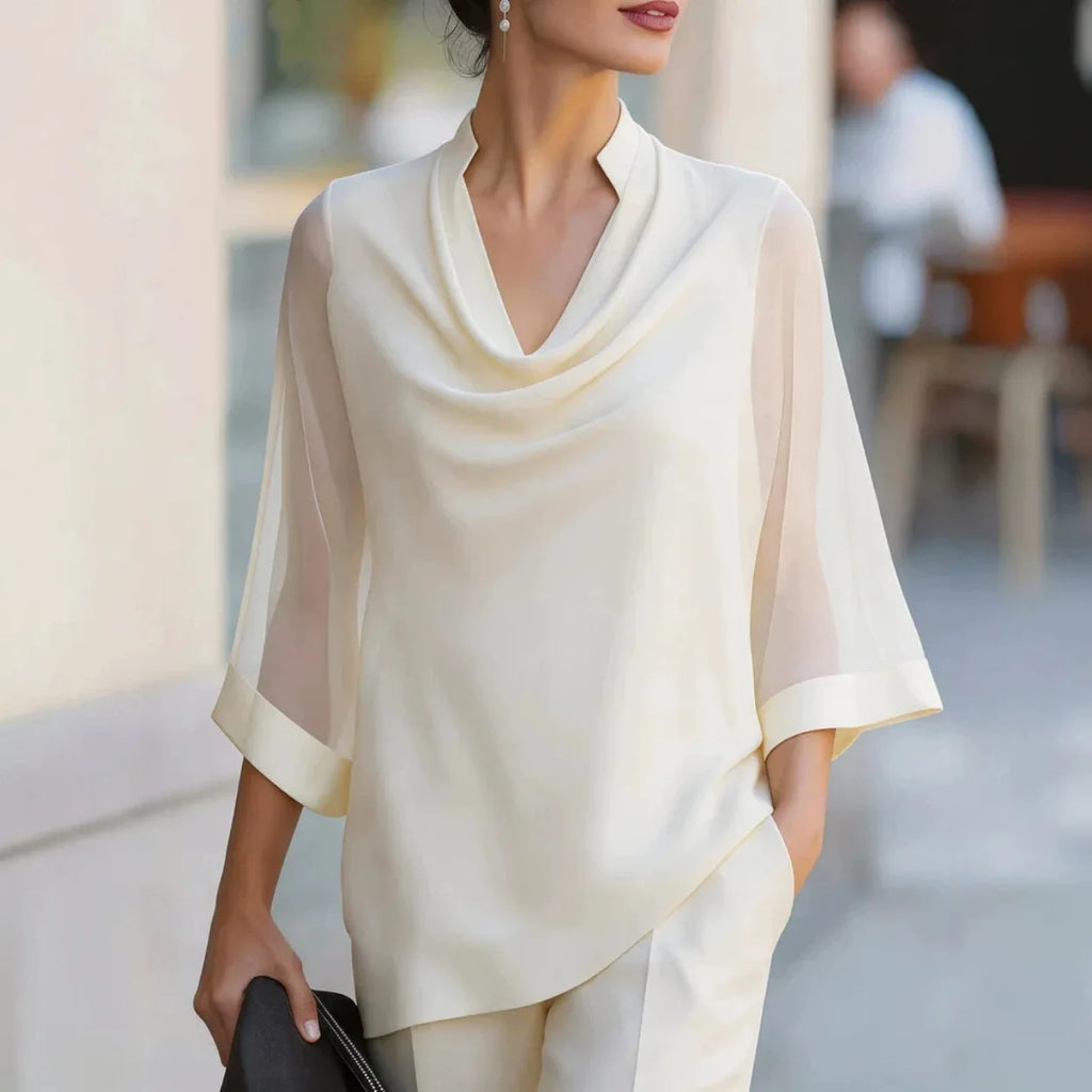 Dreiviertel-Ärmel Transparente Satin-Bluse Locker Geschnittener Asymmetrischer Saum Elegante Bürokleidung Damen Freizeithemd