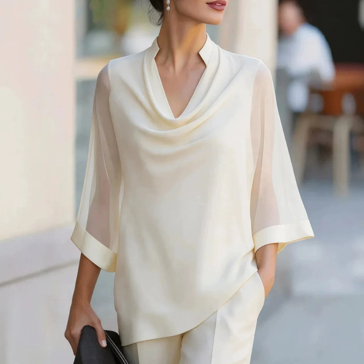 Dreiviertel-Ärmel Transparente Satin-Bluse Locker Geschnittener Asymmetrischer Saum Elegante Bürokleidung Damen Freizeithemd