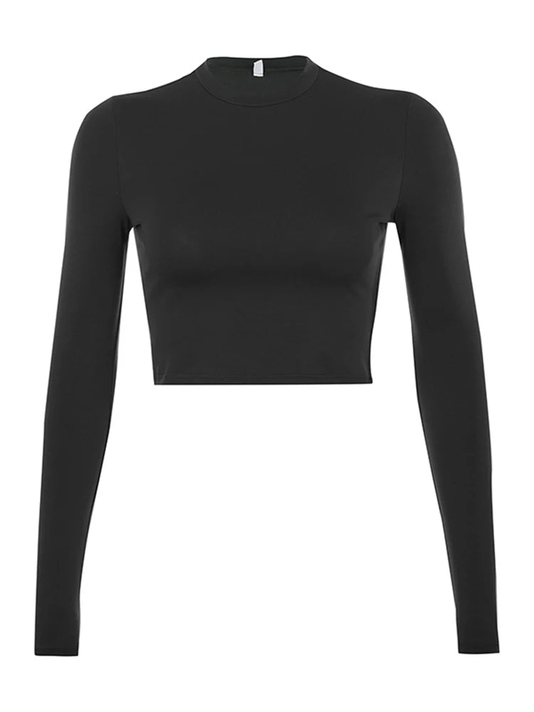Solide Grund Langarm Damen T-shirt Casual Schwarz Weiß Mode Crop Top T Shirt Damen Mode Koreanische T-shirt