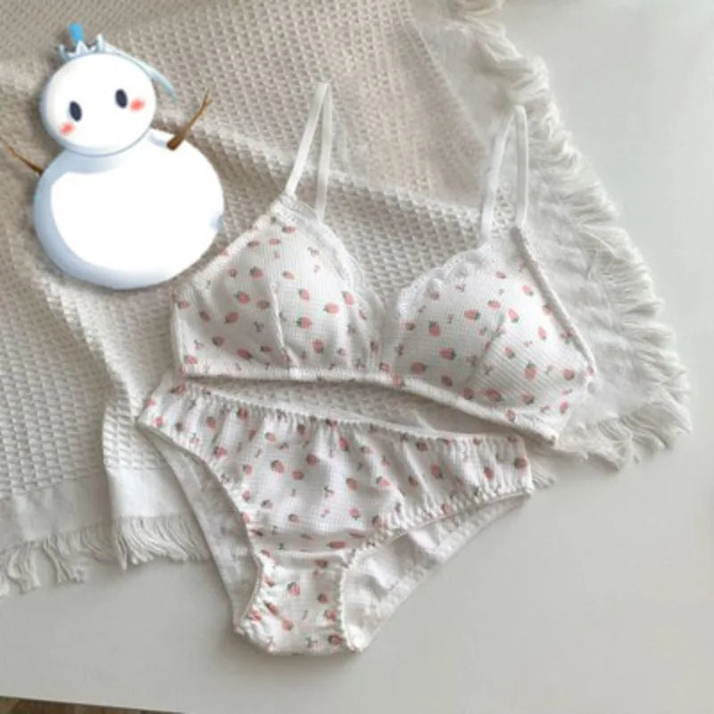 Süßes japanisches Lolita-BH-Set mit Kirsch-Erdbeer-Druck, kabellos, nicht gepolstert, Bralette, Anti-Durchhängen, Komfort, Körbchengröße AB, MOYISU 32–38 Sexy