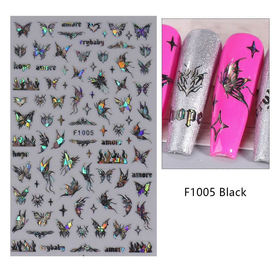 1PCS Schwarz Weiß Schmetterling Laser Nagel Aufkleber Y2K Nail art Dekoration Abstrakte Linien Bronzing Blumen Aufkleber Für Nägel