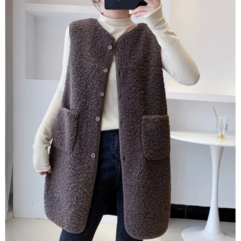 Frauen Herbst Winter Faux Lamm Pelz Weste Reine Weiche Taschen Taste Mid-länge Stil Weste Lose Beiläufige Fleece Strickjacke tücher