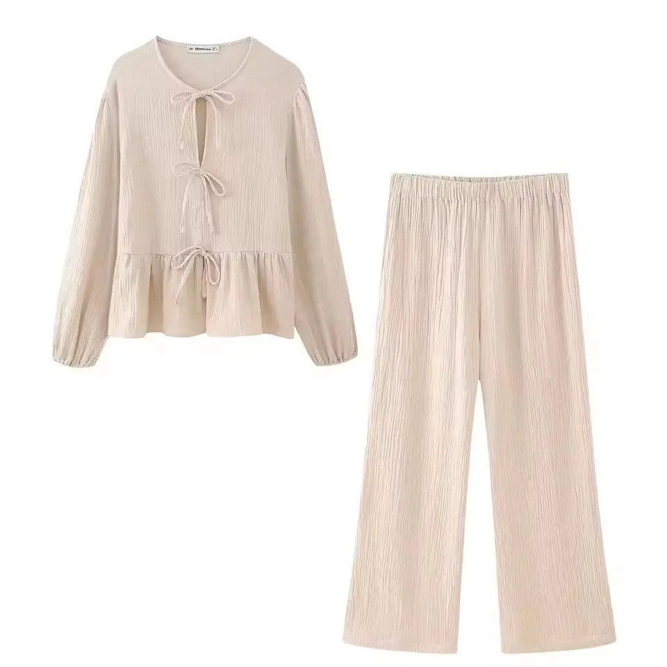 HH Damen Elegantes Einfarbiges 2-Teiliges Outfit O-Ausschnitt Schnürung Langarm-Bluse & Weite Hosen Set Lässiger Frühlingsanzug