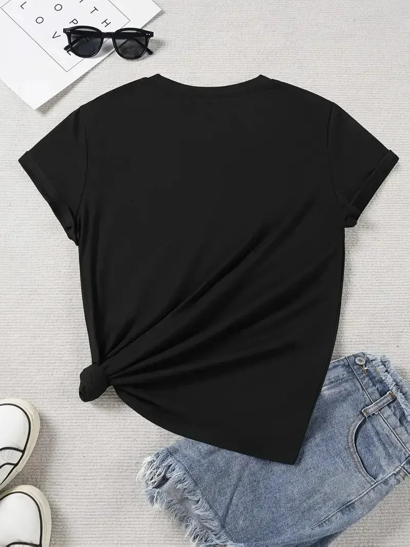 Blau gestreiftes und rot herzförmiges Grafik-T-Shirt für Damen – locker sitzendes Freizeitshirt für Frühling und Sommer, alltagstauglich, leicht zu tragen, modisches Oberteil