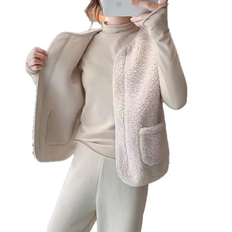Lammfellweste im Retro-Stil für Damen, komplett aus Leder und Fell, integrierte Jacke für Frühling, Herbst und Winter, neues Modell, verdickt C...