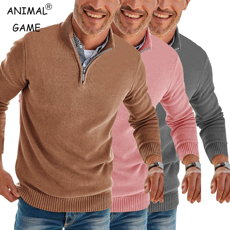 Herren-Pullover mit Viertelreißverschluss, langärmelig, schmale Passform, Stehkragen, lässiger Strick-Polo-Pullover, warmer Rollkragenpullover für den Winter