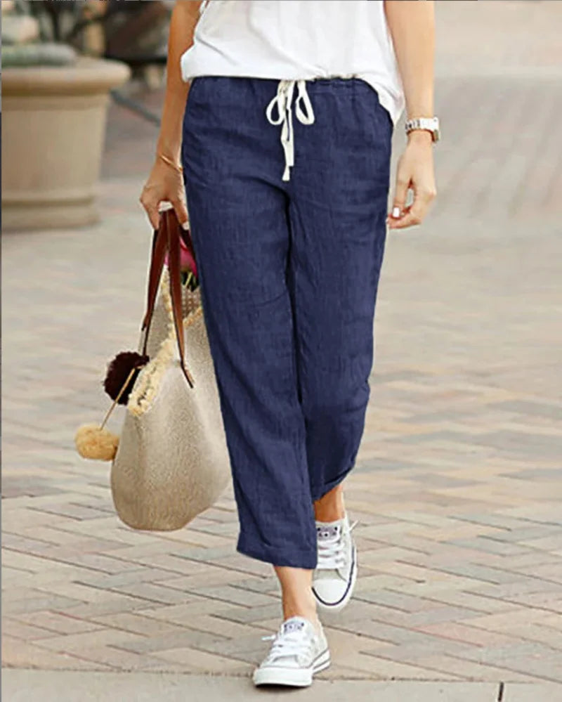 Elegante Feste Schlanke Hose Mode Frauen Kordelzug Abgeschnitten Elastische Taille Gerade Hosen Casual Büro Dame Kommunte Hosen