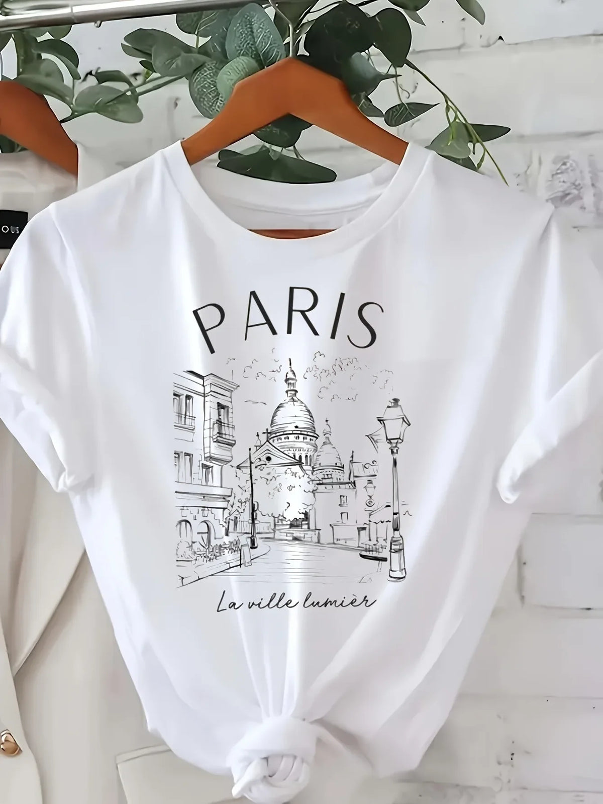 Vintage Elegantes O-Ausschnitt Kurzarm T-Shirt Paris Tower Bedrucktes Top Hochwertige, bequeme und minimalistische Damenbekleidung