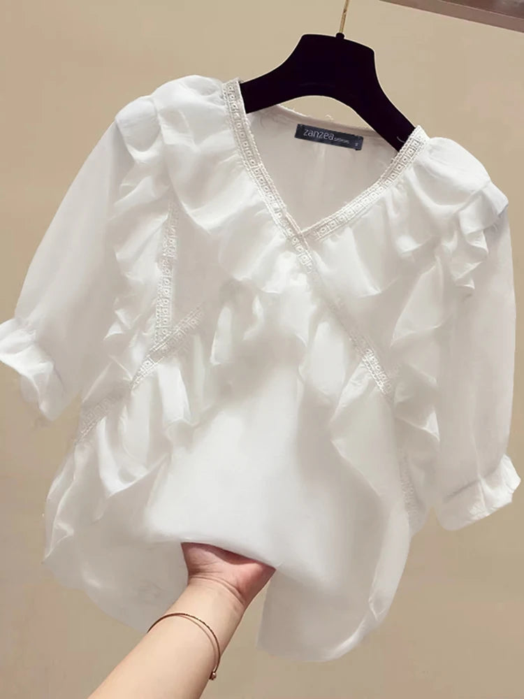 ZANZEA Frauen Feste Rüschen Bluse Vintage 3/4 Ärmel V-ausschnitt Chemise 2024 Sommer Büro Chiffon Shirts Casual Lose Nähte Tops