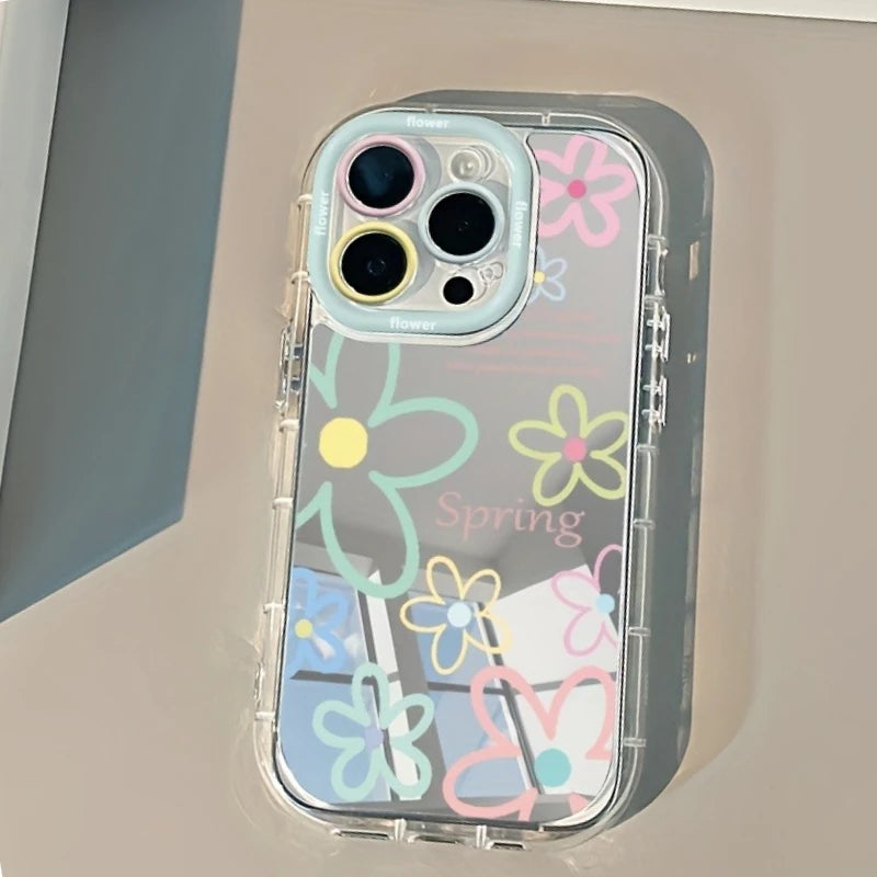 Neues Spiegeldesign Handyhülle für iPhone 16 17 15 14 13 11 12 Pro Max 16E 17E X XR XS 7 8 Plus Niedliche Dopamin-Blumen Weiche Schutzhülle