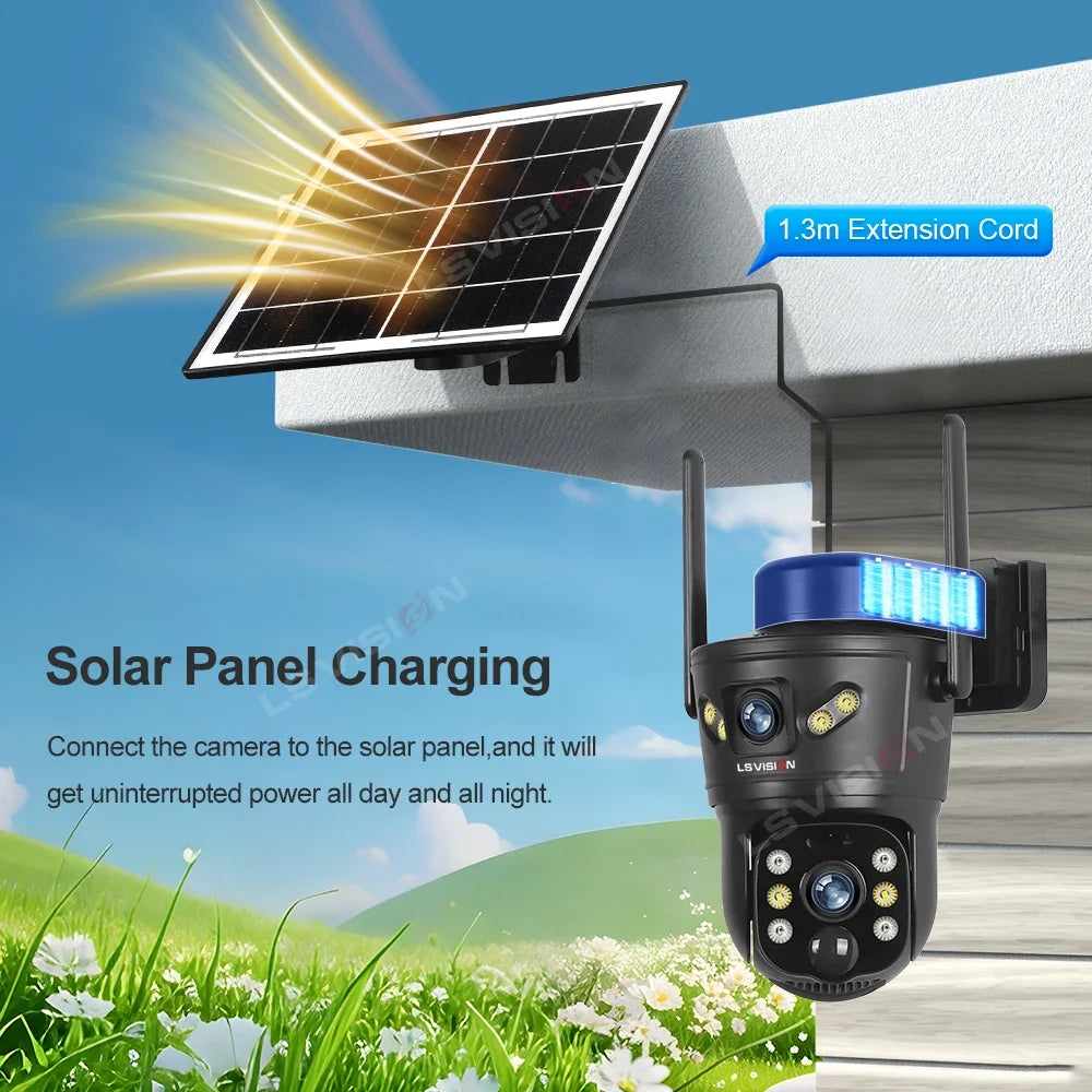 LS VISION 4K 8MP Dual Screens Solar-Überwachungskamera für den Außenbereich, 4G/WiFi Dual Lens PTZ Human Auto Tracking CCTV-Kameras V380 Pro App