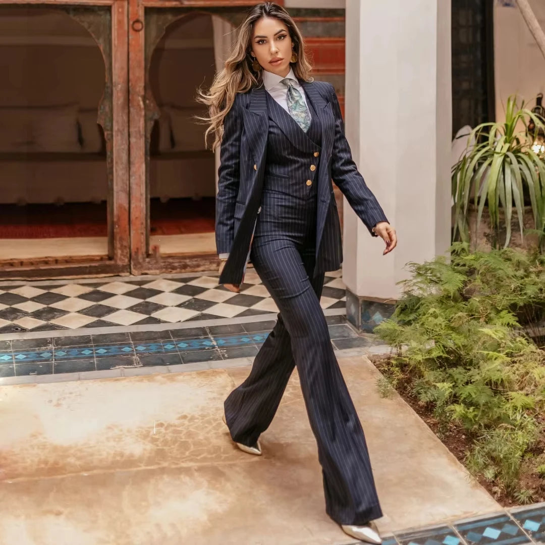 Damenanzug, 3-teilig, marineblau, gestreift, Doppelknopf, für Hochzeit, Party, Business, Arbeit, täglicher Weg zur Arbeit, Einkaufen, Blazer, Weste, Hose
