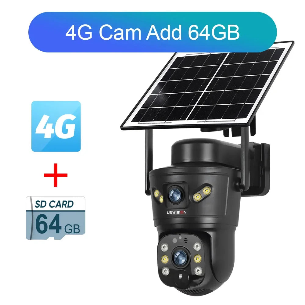 LS VISION 4K 8MP Dual Screens Solar-Überwachungskamera für den Außenbereich, 4G/WiFi Dual Lens PTZ Human Auto Tracking CCTV-Kameras V380 Pro App