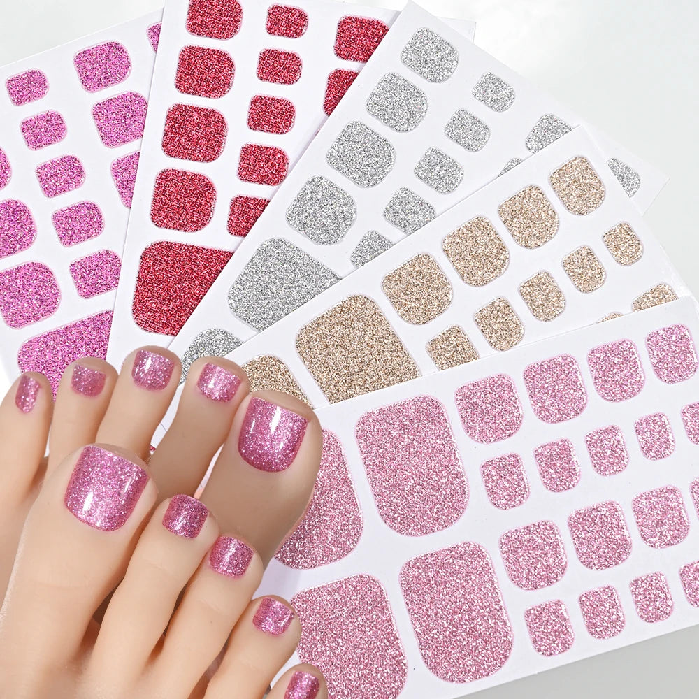 22 Tipps goldene Glitzer-Nagelaufkleber für Füße, 5 Farben, 11 Größen, vollständige Abdeckung, Fußkunst-Aufkleber, einfach zu erreichen, Zehen-Maniküre-Dekoration