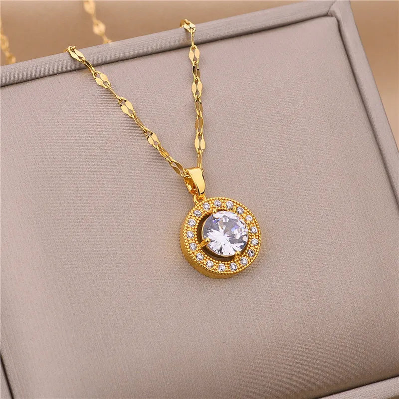 Neue Trendy Zirkon Kristall Anhänger Edelstahl Halskette Für Frauen Koreanische Mode Weibliche Sexy Schlüsselbein Kette Schmuck Großhandel