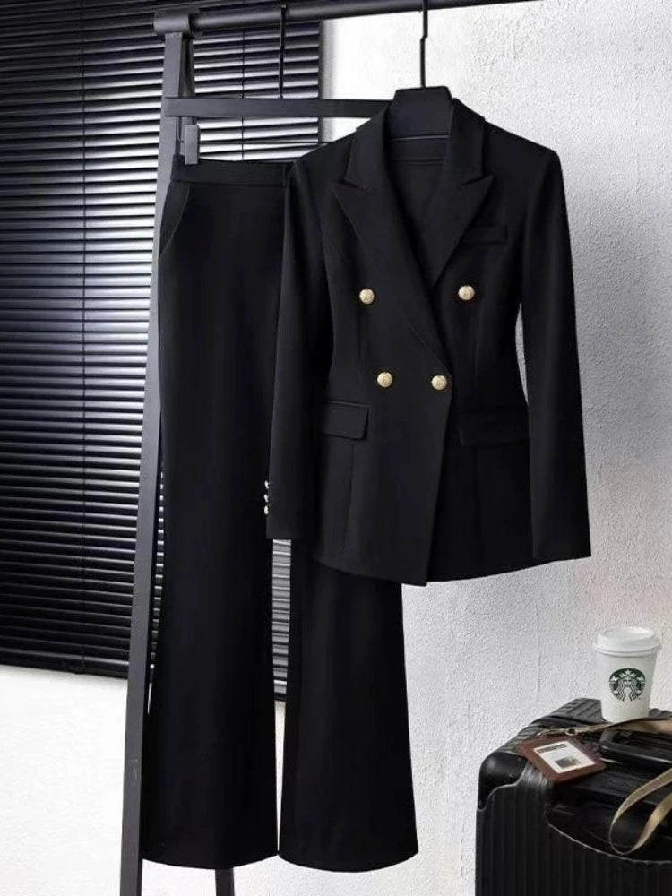 Marineblau-schwarzer modischer Damen-Hosenanzug, langärmliger, einfarbiger Damen-Blazer und Hose, formelles 2-teiliges Set für Herbst und Winter