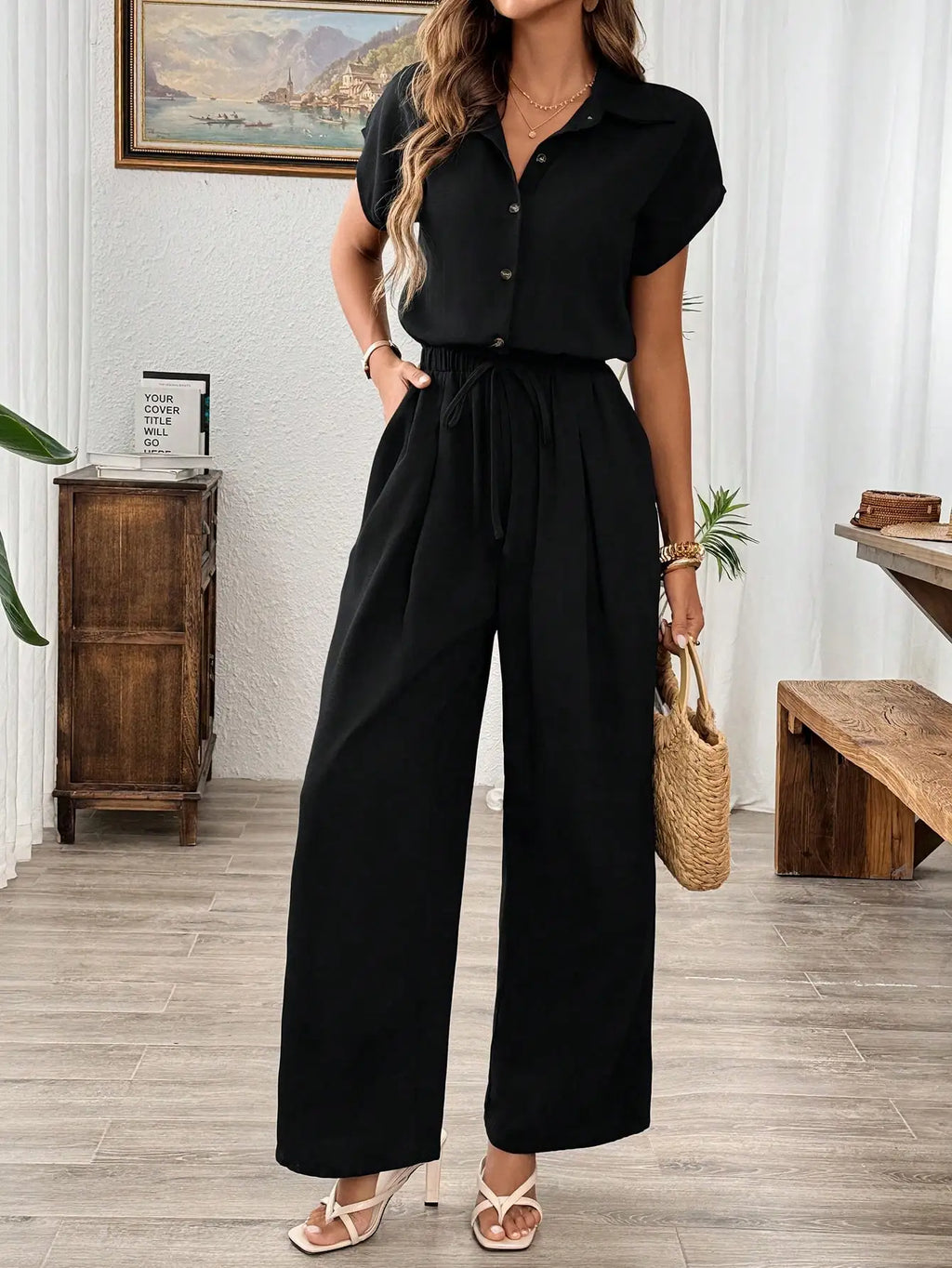 Damen Frühling Sommer Herbst Einfarbiger Basic Weitbein-Jumpsuit