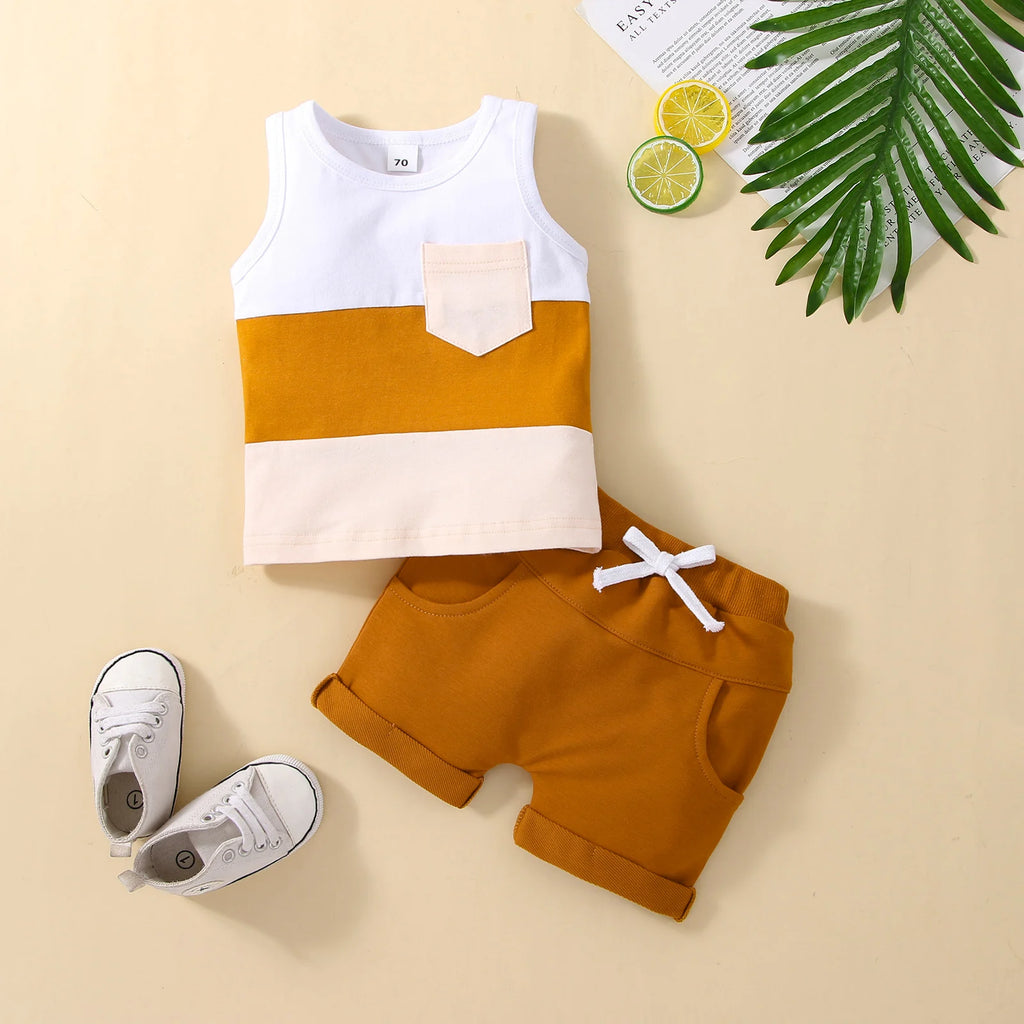 Infant Baby Jungen 2PCS Hosen Anzug, Sleeveless Patchwork Crew Tank Tees + Weiß Straps Kurze Hosen, kleinkind Jungen Casual Outfit