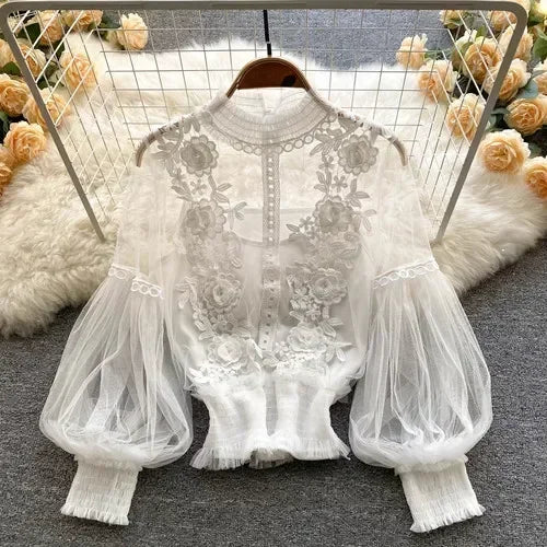 Spitze Puff Langarm Bluse Vintage-Mode Blusen Elegante Femme Blusas Koreanische Frau Tops Frauen Shirts Kleidung Dropshipping