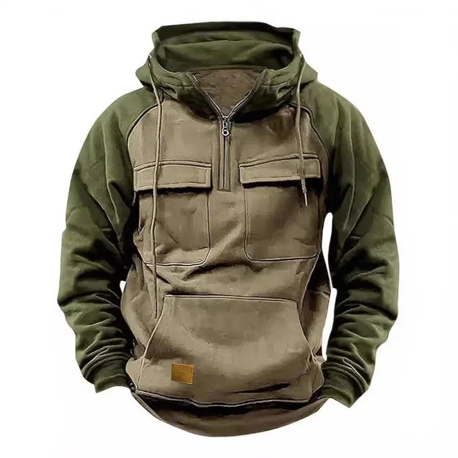 Herren Hoodie Sweatshirt Reißverschlusstaschen Arbeitskleidung Retro Farbblock Wintersport Flügelärmel Lose Passform Lässige Streetwear
