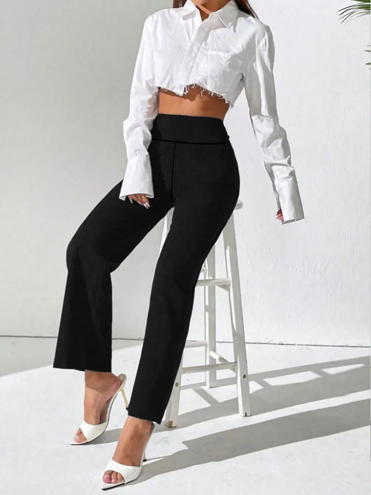 Einfarbige, lässige, gerade geschnittene Hose für Damen, Frühling/Herbst, hohe Taille, Bauchkontrolle, schlankmachend, weit geschnittene, lange Sporthose