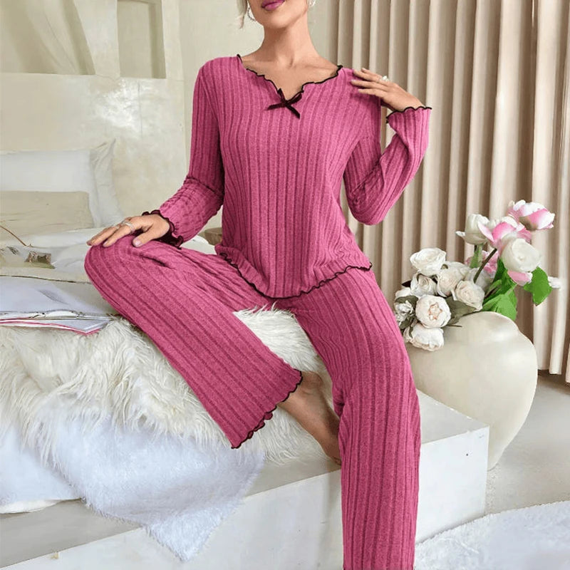 Damen-Herbst-Winter-Nachtwäsche, geripptes Pyjama-Set, langärmliges Oberteil und lange Hose, 2-teiliges Set, lässige Homewear, Loungewear