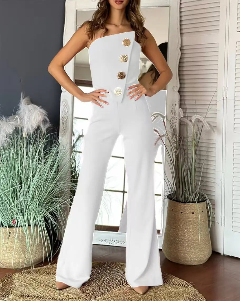 Damen Schulterfreier Asymmetrischer Jumpsuit mit Metallknöpfen und Weitem Bein Elegantes Party-Einteiler-Outfit