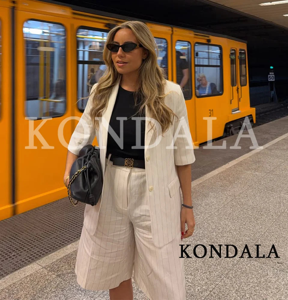 KONDALA Damen Büro-Outfit Gestreiftes Blazer-Set mit Gürtel Blazer mit Taschen Shorts Neue Mode 2026 Frühling Sommer Urlaub Lässiges Shorts-Set