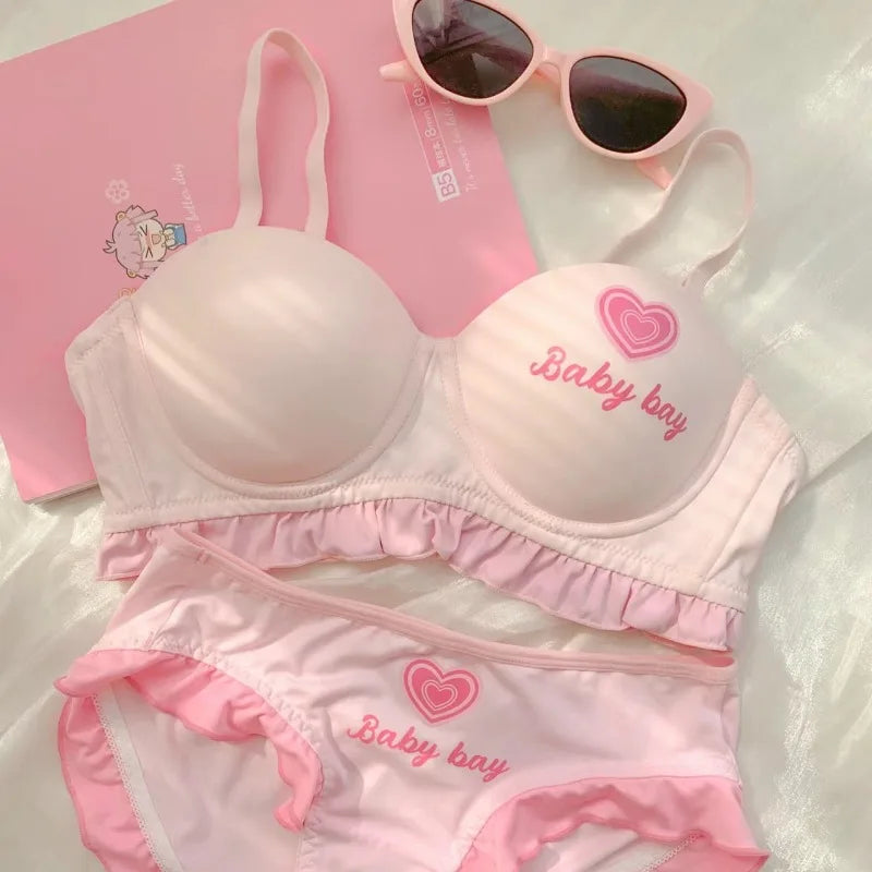 Kawaii Lolita Dessous Set Push-Up-BH, kabelloses gepolstertes Bralette für kleine Brust, süßes BH- und Höschenset im Barbie-Puppenstil MOYISU