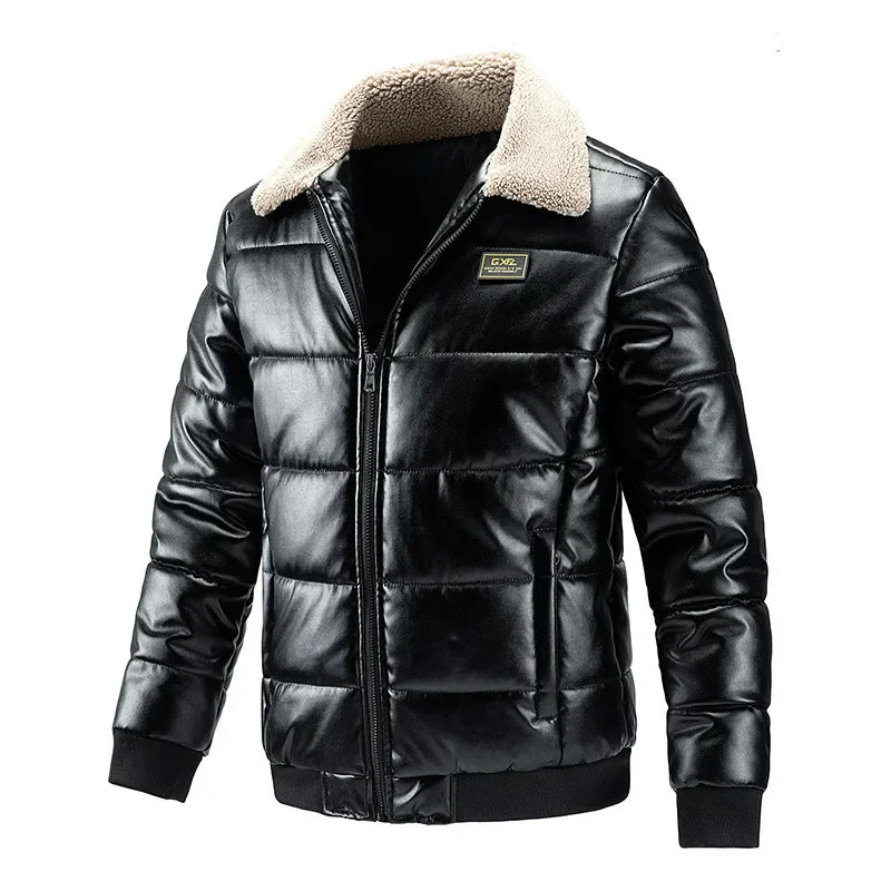 Verdickte PU-Lederjacke Herren Lammfellkragen Bikerjacke Baumwollmantel Motorradstil Casual Oberbekleidung Herrenjacke